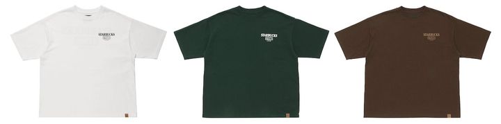 「STARBUCKS STAND by BEAMS LOGO Tシャツ」8800円 カラー：左から ホワイト、グリーン、ブラウン サイズ：XS、S、M、L、XL