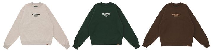 「STARBUCKS STAND by BEAMS LOGO クルースウェット」1万7600円 カラー：左から オートミール、グリーン、ブラウン サイズ：XS、S、M、L、XL