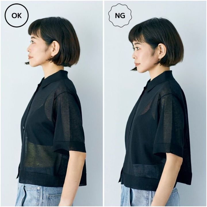 いつものカップ付きインナーだと、バスト位置が下がって見える上、キャミでお腹まわりの生地の重なりが重そう。 カップ付きハーフトップなら、バストトップが上がって、お腹まわりもすっきり。ストレートラインの幅広トップのおかげで、透けても下着のいやらしさはゼロ。