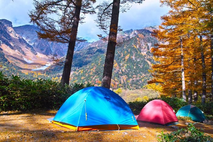 道志の森キャンプ場の紅葉した山が見える林間サイト