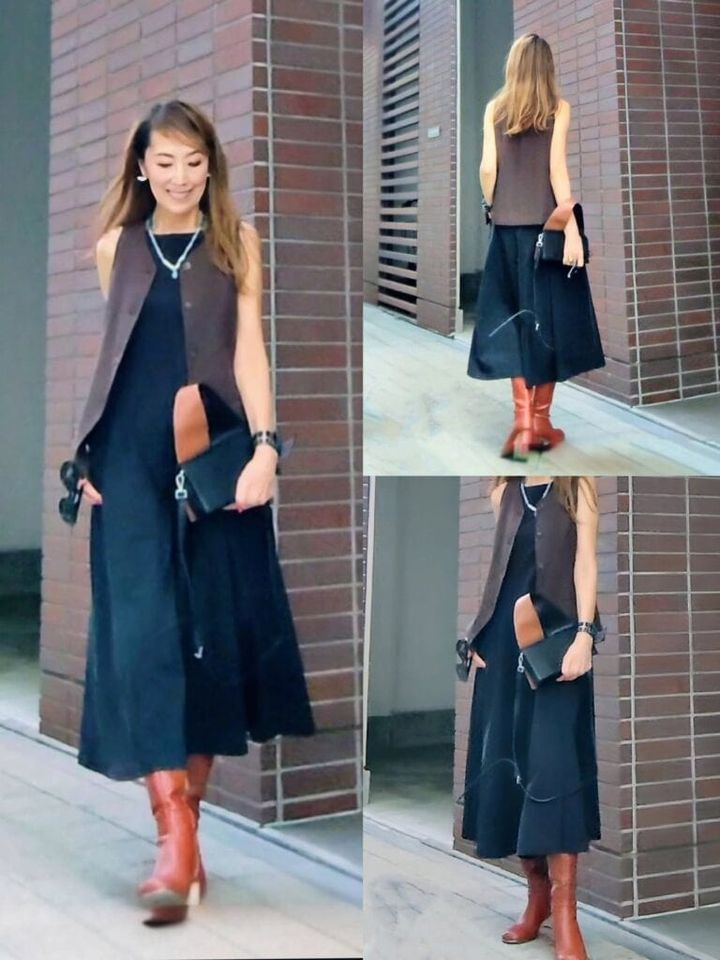 ワンピース／UNIQLO、 ジレ／H&M、 ブーツ／ICB、 バッグ／FOO_SELECT