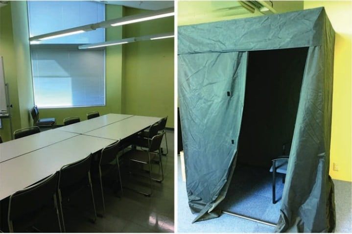 実験は会議室でも狭いテントの中でも行われた