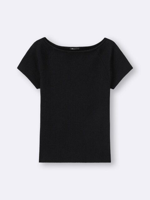 GU リブニットボートネックプルオーバー（半袖） BLACK