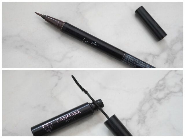 カロミー「リキッドアイライナー」モカブラウン／キャンメイク「カールスナイパーマスカラ」01 ブラック