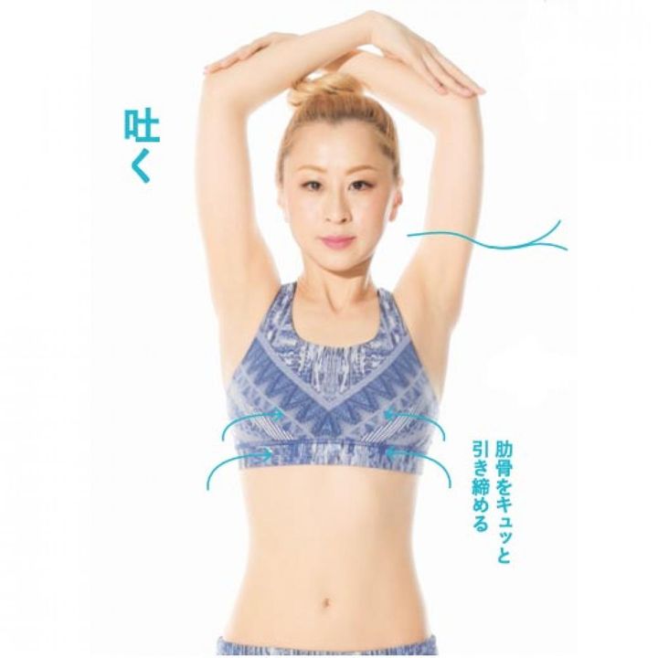 鼻からゆっくりと息を吐き、肋骨を内側に寄せるように引き締める。鼻から吸って→吐く、肋骨を引き上げ＆引き締めの感覚が身についたら、腕は下してOK。