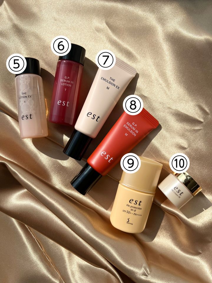 ⑤エスト ザ ローション EX T⑥エスト G.P. セラムイン ローション T⑦エスト ザ エマルジョン EX M⑧エスト G.P. セラムイン エマルジョン M⑨エスト ザ プロテクション W-II⑩エスト ザ クリーム TR