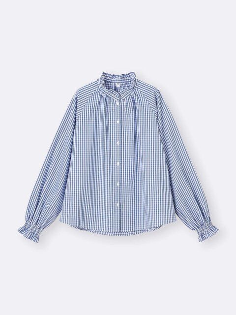 2025gu秋柄フリルネックブラウス