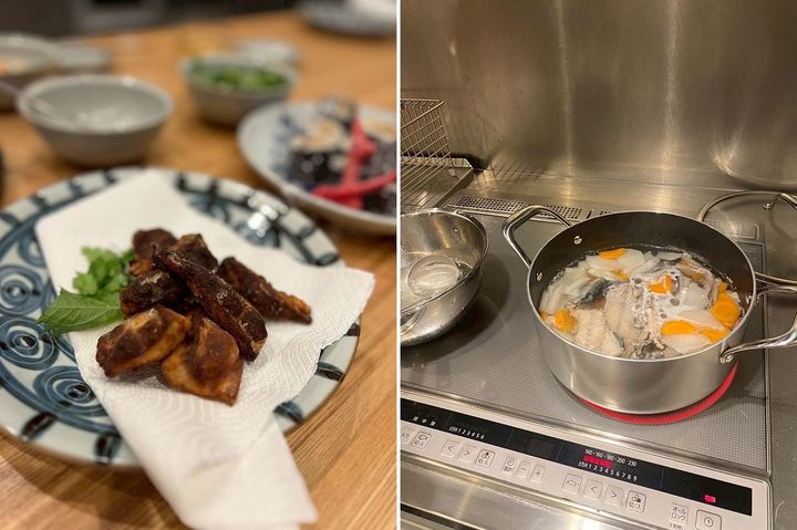 左）黒に近い焦げ茶色に仕上がってしまった棒タツタ揚げ、右）たっぷり作れた三平汁