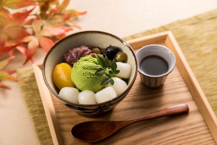 田ノ実 「秋限定 栗とうぐいす豆の抹茶あんみつ」 1078円