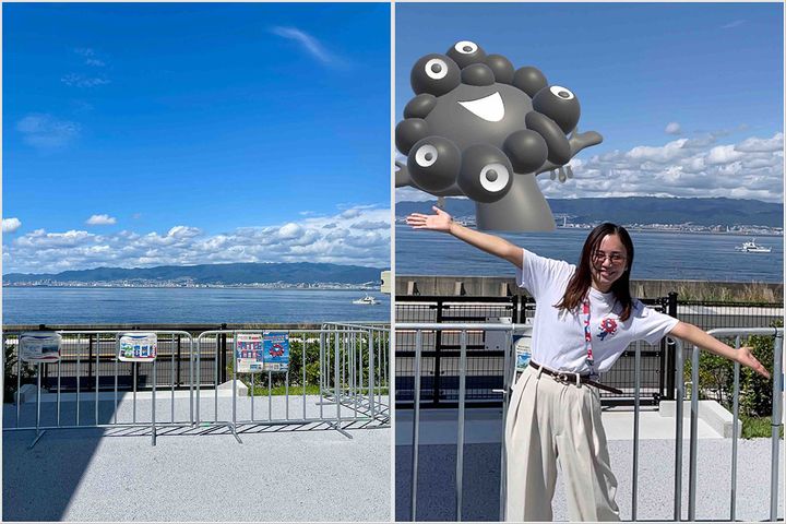 西ゲート側の「海からARミャクミャク」撮影スポット。 掲示パネルからQRコードを読み込むと「バーチャル万博」がアプリダウンロードされ、そこからARミャクミャクを呼び出すことができます。