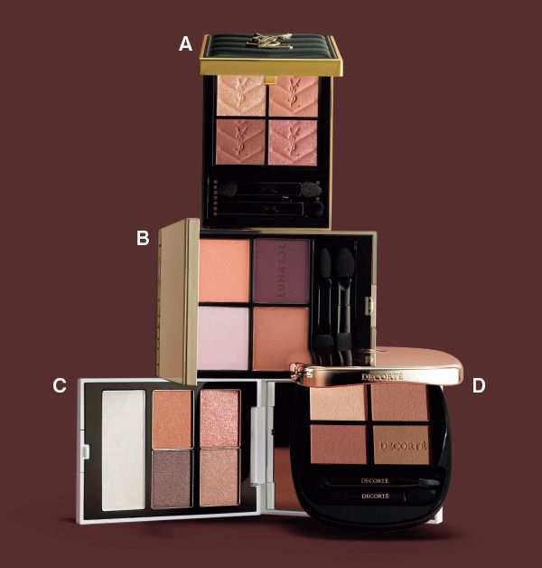 血色ヌード系／【A】YSL クチュール ミニ クラッチ、【B】LUNASOL アイカラーレーションN、【C】THREE ホリデーコレクションパレット 2025、【D】DECORTÉ スキンシャドウデザイニングパレット
