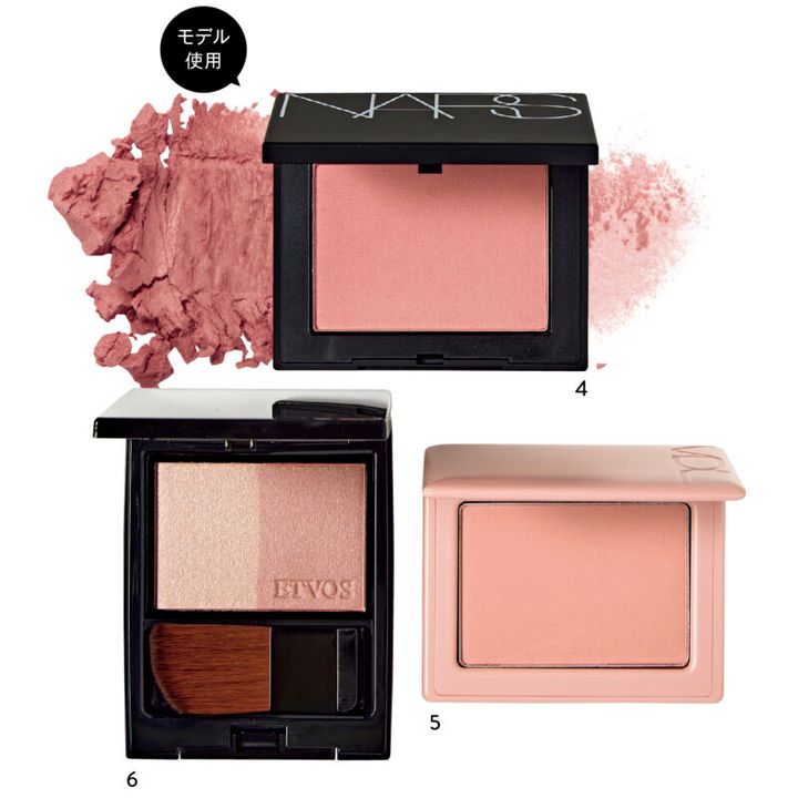 4_ブラッシュ N 903（NARS JAPAN） 5_VDL チークステイン ブラッシャー 11（エフエムジー ＆ ミッション） 6_ミネラルプレストチーク ミュートペール（エトヴォス）