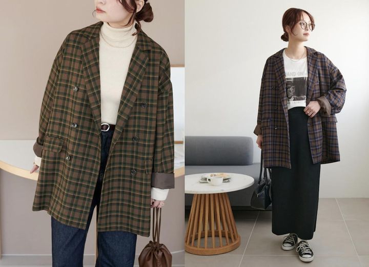画像: 【WEB限定】チェックWブレストジャコット（キャメル / ブラウン）各¥13,200（ともにディスコート） 出典：ディスコート