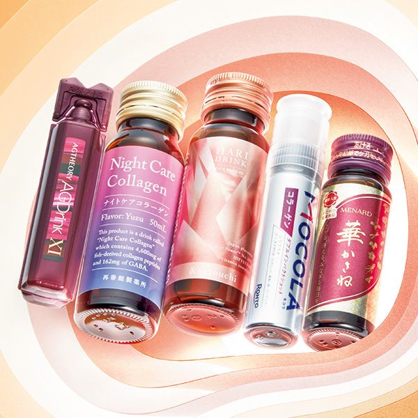 【左から】エイジーセオリー AGドリンクXI、ポジティブリズム ナイトケアコラーゲン、＆setouchi ハリドリンク プレミアム、モコラ ダブルインパクトショット ドリンク、華かさね