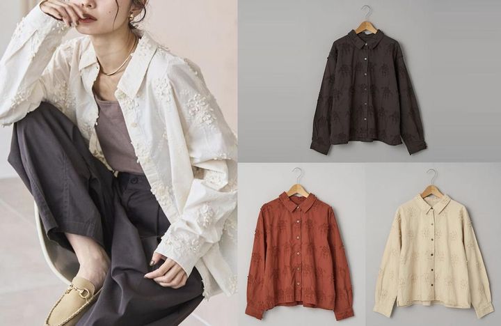 画像: 3D刺繍ロングスリーブシャツ（オフホワイト / ダークグレイ / ベージュ / ブリック）各¥4,950（すべてコーエン） 出典：コーエン