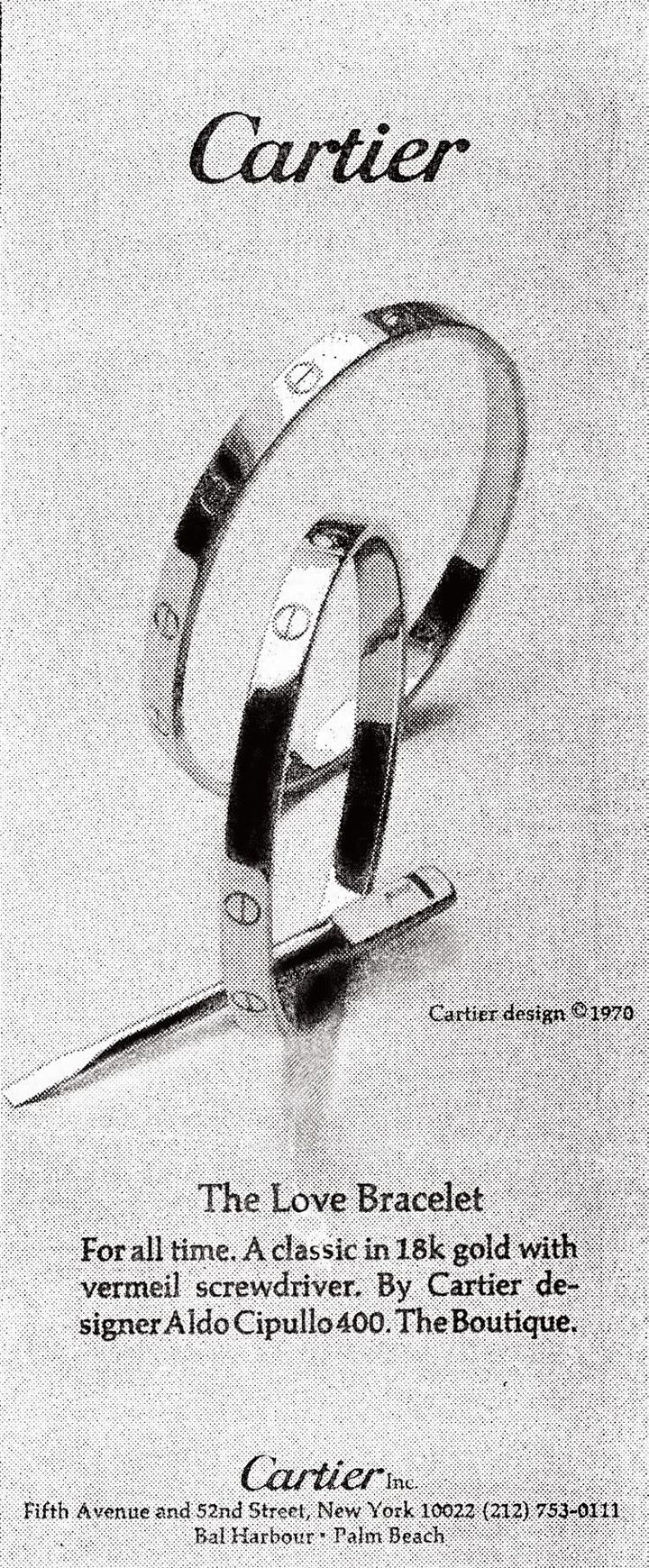 1974年、『ニューヨーク・タイムズ』に掲載されたカルティエ「LOVE」ブレスレットの広告。