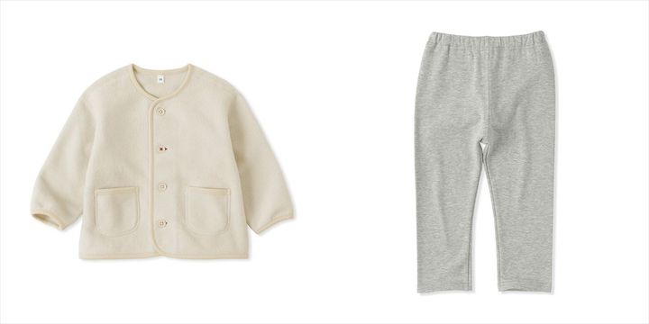 「ベビー 素材に還るフリースカーディガン」（左）と「ベビー おなかすっぽりストレッチ裏フリースパンツ」