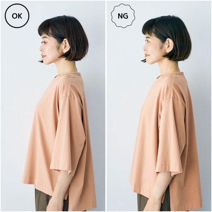 右＞いつものカップ付きインナーだと、バストのボリュームがなく、平坦なシルエット。バスト位置も下がって見える。 左＞サポート力のあるカップ付きインナーなら、バスト位置が上がることで、ボディにメリハリを感じ、生き生きとした印象。