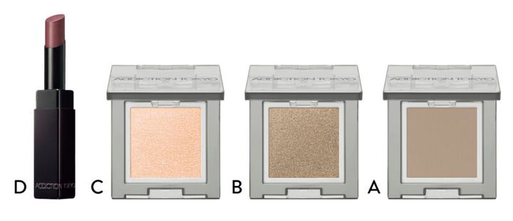 A_ザ シングル アイシャドウ マット 008M Photo Shooting、B_同 パール 009P 3/4、C_同 002P Confirmed、D_ザ リップスティック グレイズドボム 009 Faintly（すべてアディクション ビューティ）