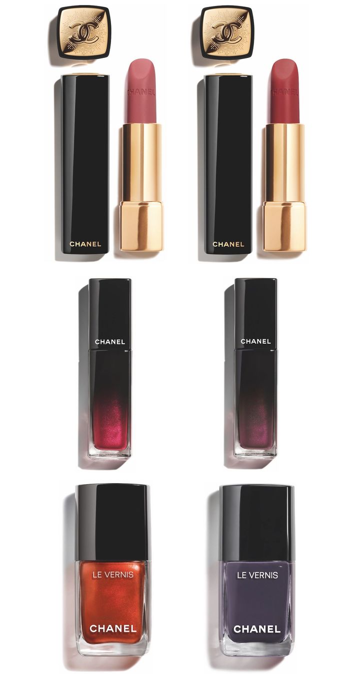 〈上左から〉ルージュ アリュール ヴェルヴェット ホリデー 548、549 各￥6,600 〈中左から〉ルージュ アリュール ラック 558、559 各￥6,270 〈下左から〉ヴェルニ 369、371 各4,840（すべて10月17日よりシャネル オンライン ブティック・直営店先行、10月31日より全国限定発売） Photos_ ©︎CHANEL