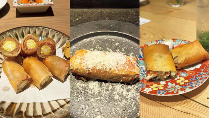 五反田〈酒肴あおもん〉生ハムとベビーコーンの春巻き、虎ノ門〈BRASSERIE by plein〉蝦夷鹿のラグー春巻き、渋谷〈炭火焼き リリー〉鰻クリームチーズ春巻き