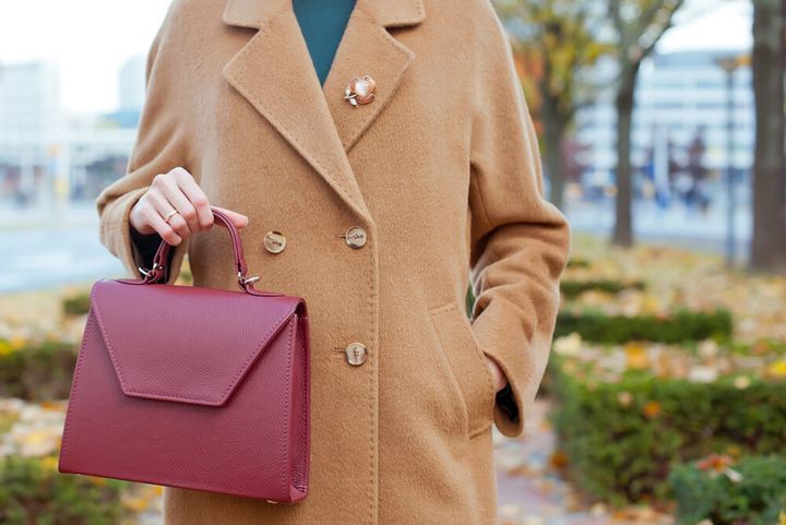 ブローチとバッグを身につけた女性
