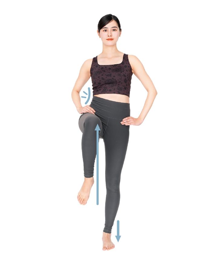 左右の足を交互に10回。このとき、骨盤の左右が上下にしっかり動いているか確認を。