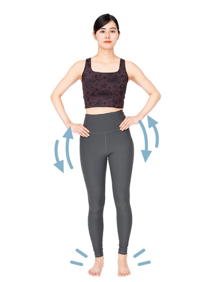 足は骨盤幅に開き、手は腰に。