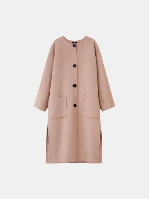 2025秋冬plstウールブレンドリバーカラーレスロングコート
