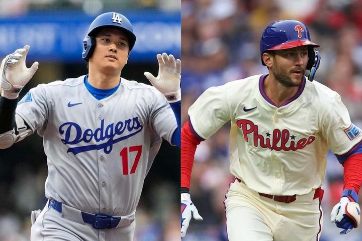 ドジャースの大谷翔平（左）とフィリーズのトレイ・ターナー（C）ロイター