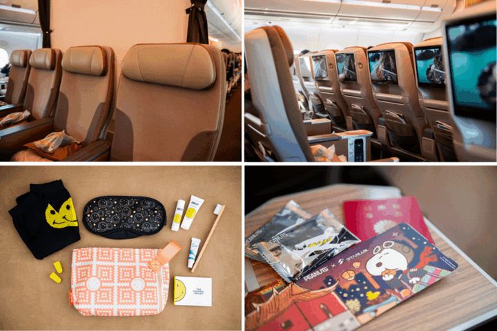 洗練された雰囲気のプレミアムエコノミークラスは、背もたれも広く、１５．６インチの大画面とノイズキャンセリングのヘッドフォンで、くつろぎながら空の旅を楽しむことができる。オーバーナイトバッグは「SMILEY」がデザインされているのも嬉しい。１２月末まではスヌーピーとのコラボも楽しめる。