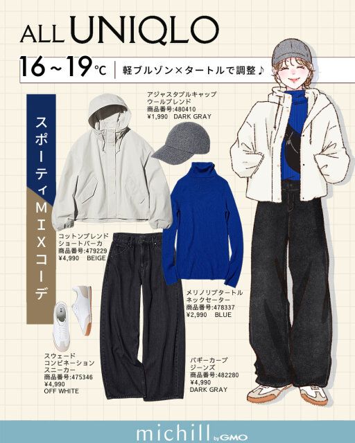 【16～19℃】軽ブルゾン×タートルで調整♪スポーティーMIXコーデ