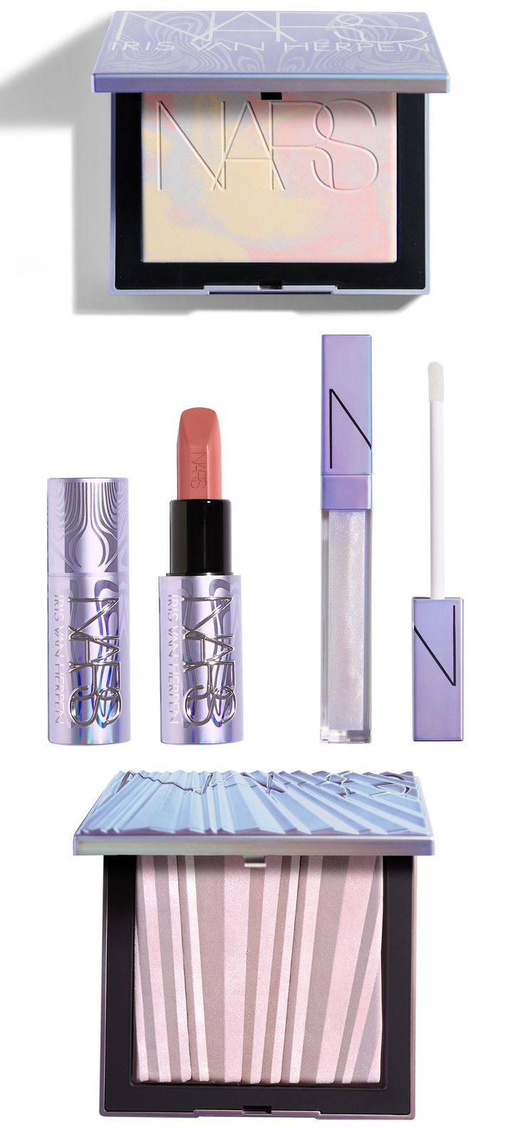 〈上〉ライトリフレクティング プリズマティックパウダー 05082 ￥6,380 〈中左から〉エクスプリシット リップスティック 829A ￥5,280 グリーム アフターグロー リップシャイン 271A ￥4,180 〈下〉オーラ イルミネイティング フェイス & ボディパウダー 05098 ￥8,140（すべて10月24日より限定発売）