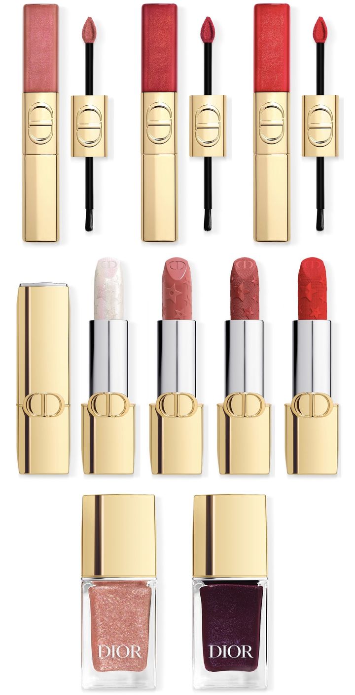 〈上〉ルージュ ディオール シークイン リキッド デュオ 全10種〈写真は左から100、720、999〉 各￥6,490 〈中左から〉ルージュ ディオール 010、210、629、999V 各￥6,490 〈下左から〉ヴェルニ トップコート 124 ￥4,840 ヴェルニ 690 ￥4,840（すべて10月14日より一部店舗先行、10月31日より全国限定発売予定）