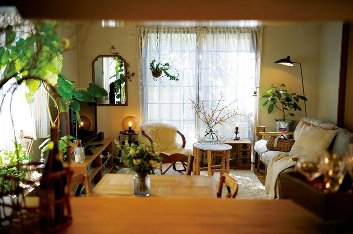 キッチンからリビングを眺めてグリーンのリズム感を確認するというHANAさん。グリーンの成長によって変わるバランスや余白感を整えて、ごちゃついて見えないようにする。