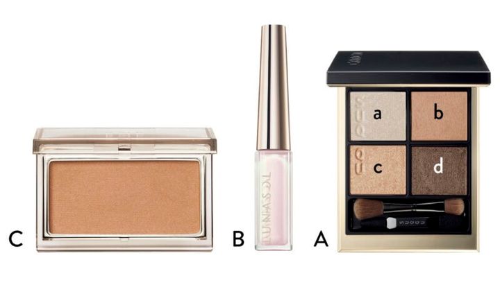 A_シグニチャー カラー アイズ 15（スック） B_ルナソル フラッシュクリエイター EX17（カネボウ化粧品・限定） C_ピュア コンプレクション ブラッシュ 15（RMK Division）