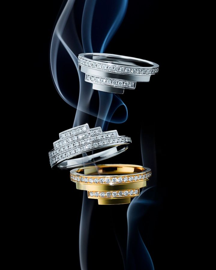 上 シャンデリア レイヤード リング（PT×ダイヤモンド）￥275,000 中 シャンデリア レイヤード ダイヤモンド リング（PT×ダイヤモンド）￥330,000 下 シャンデリア レイヤード リング（YT×ダイヤモンド）￥275,000