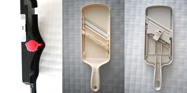 スライサーの厚さを調節する操作は各社で異なる。下村工業（左）、京セラ（中）、ニトリ（右）。