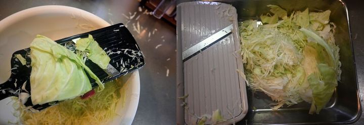下村工業製を使用したキャベツの千切り（左）と京セラ製を使用したキャベツの千切り（右）
