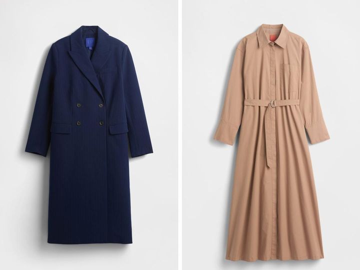 画像: 左「GapStudio ダブルブレスト テーラード カーコート」￥49,900、右「GapStudio ポプリン ベルト マキシシャツドレス」￥18,900 出典：GapStudio Fall/Winter 2025 Collection 03