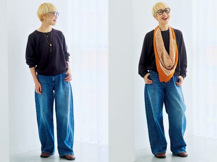 スウェットトップス、デニムパンツ／ともにユニクロ、シューズ／ロエベ