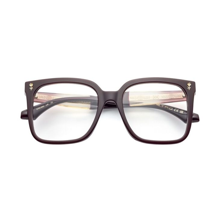 縦幅のあるスクエアフレームと透明のテンプルがトレンド感を加速。バラモチーフの金具が上品アクセント。 3万4100円（エトロ／サフィロジャパン カスタマーサービス）