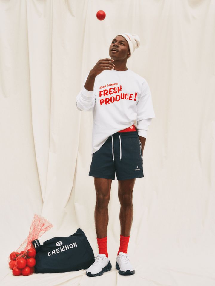 フレッシュプロデュース グラフィックTシャツ ￥15,800 ベニス ショーツ 股下5インチ ￥15,800 シルバーレイク ショッパー ￥9,000 カルバー バッグストラップ ￥4,500（すべて青山ストア限定アイテム）／すべてルルレモン