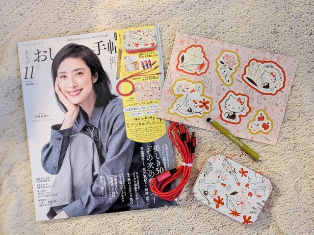 大人のおしゃれ手帖2025年11月号の表紙と付録4点セット（缶ケース・ケーブル・タッチペン・ステッカー）