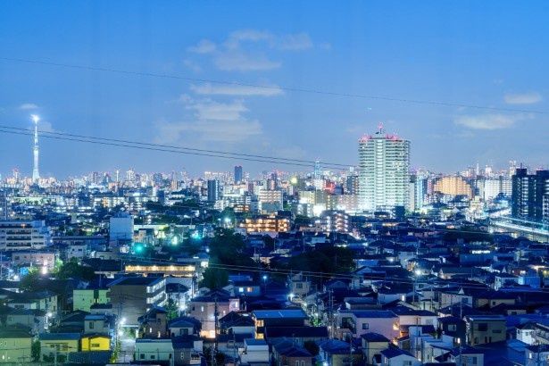 南側にはスカイツリー、東京タワーの姿も(写真は夜間) 画像提供：草加市役所資産活用課