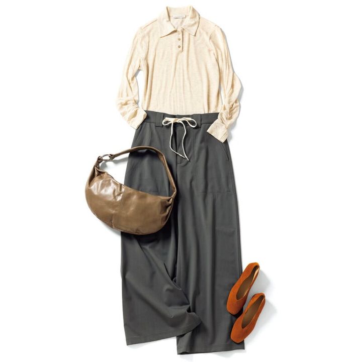 ウールポロニット1万2000円※9月下旬発売、パンツ2万2000円、バッグ3万円、靴3万円（すべてバナナ・リパブリック）