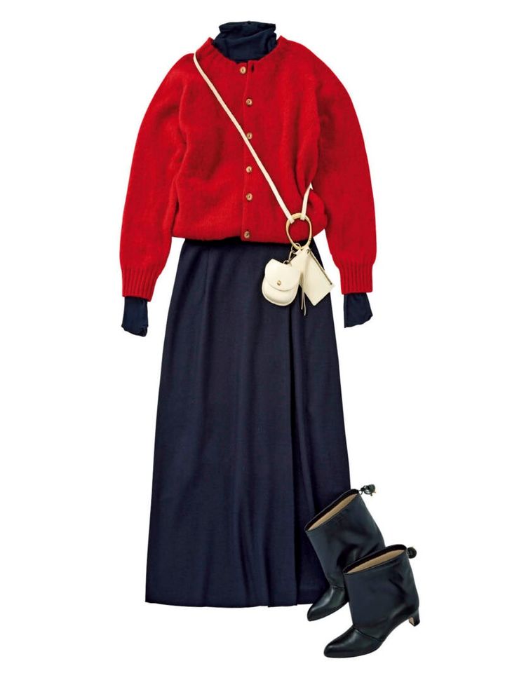 カーディガン￥30,360（ノア イースターリー × ビームス ボーイ／ビームス ボーイ 原宿） タートルトップス￥10,780（カオス／カオス表参道） スカート￥23,100（デミルクス ビームス／デミルクス ビームス 新宿） バッグ￥25,300（アーカイブエプク） ブーツ￥89,100（ネブローニ）