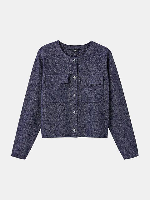 PLSTのレーヨンブレンドラメクルーネックカーディガン