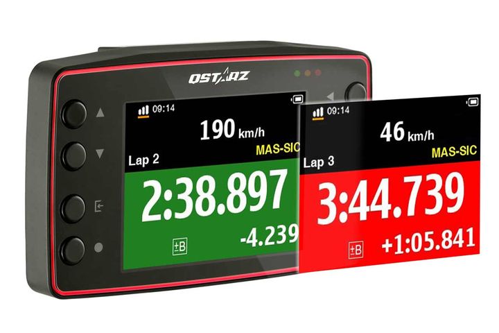 サーキット用ラップタイマーとして4種類のクイックモードが用意され、前周やベスト、目標タイムを更新すると背景色が緑、遅かった場合は赤で表示する機能も