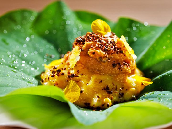 麻布十番『kiso』の「雲丹 とうもろこし そうめん カボチャ」